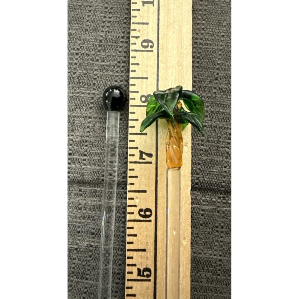 2 Glass Highball Drink Swizzle Stick Stirrers With PALM TREE‎ Tops 8 Inches